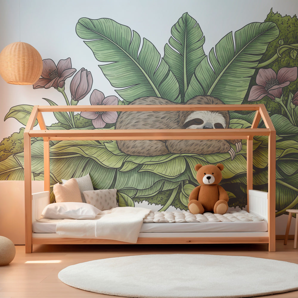 Jungle animal wallpaper with sloth design transforming kids playroom into nature retreat