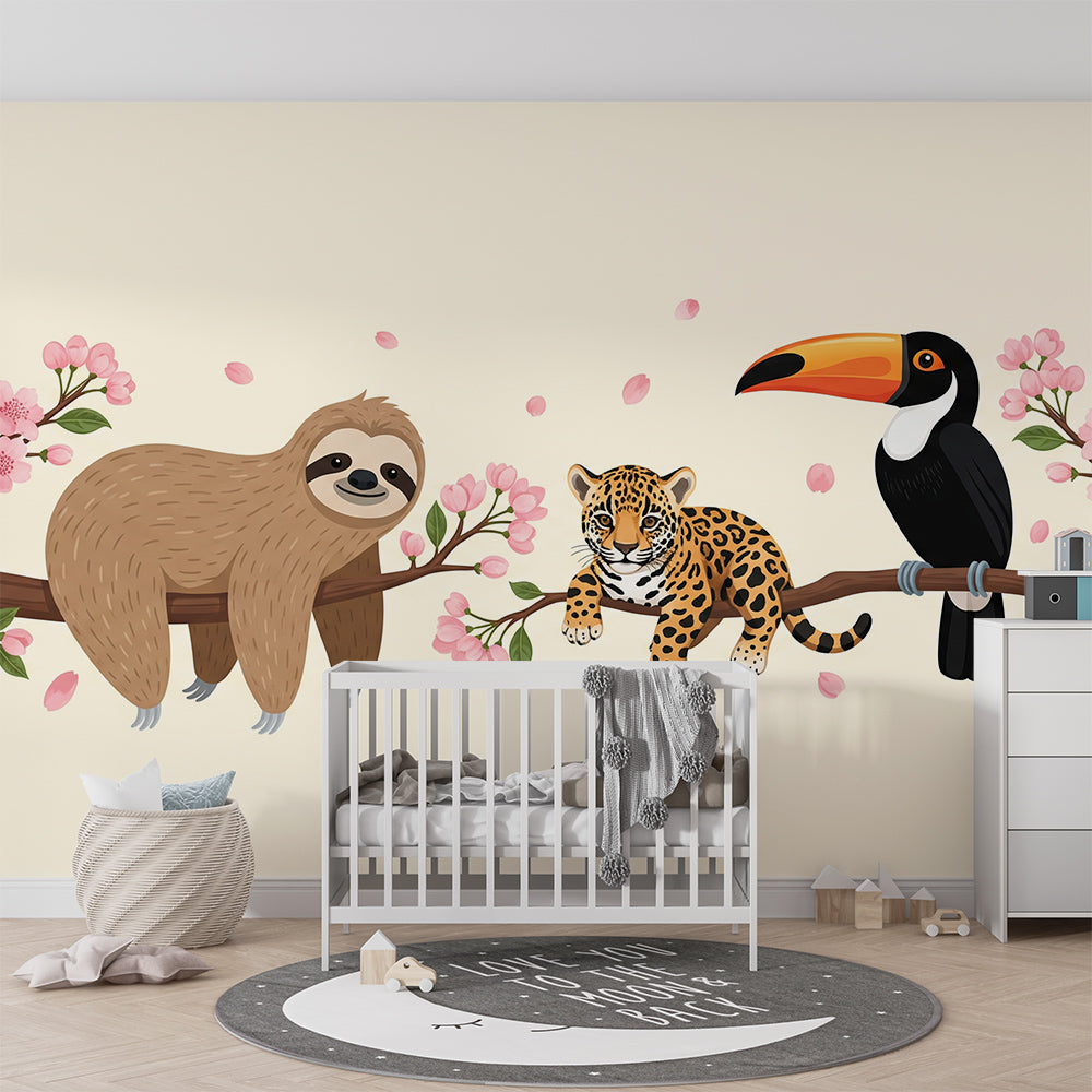 Kids-Mundo jungle blossom wall mural with sloth and leopard cub in a bright kids bedroom.