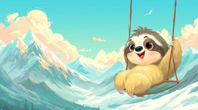 Detailed sloth mountain adventure mural wallpaper design pattern showing snow peaks and blue sky by Kids-Mundo