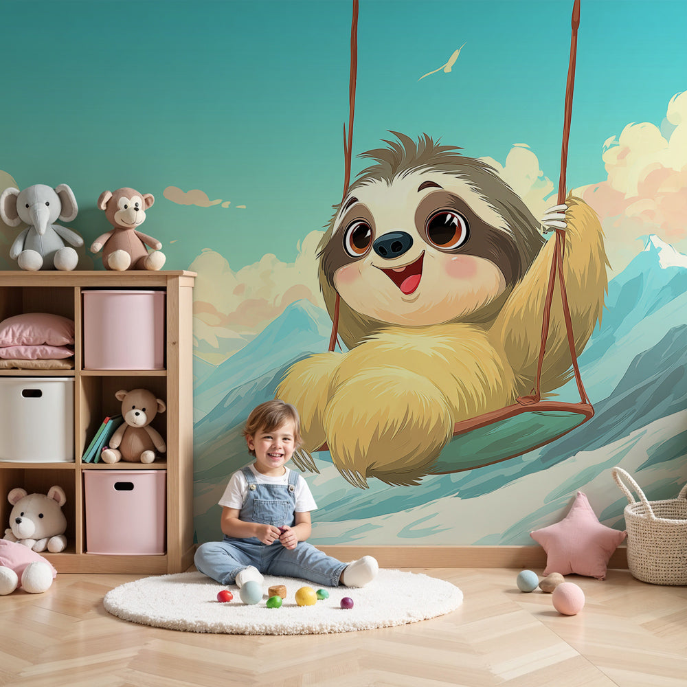 Sloth mountain adventure mural wallpaper in modern nursery with natural wood crib by Kids-Mundo