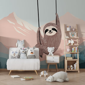 Nature-themed sloth wallpaper transforming children's playroom into tranquil mountain sanctuary