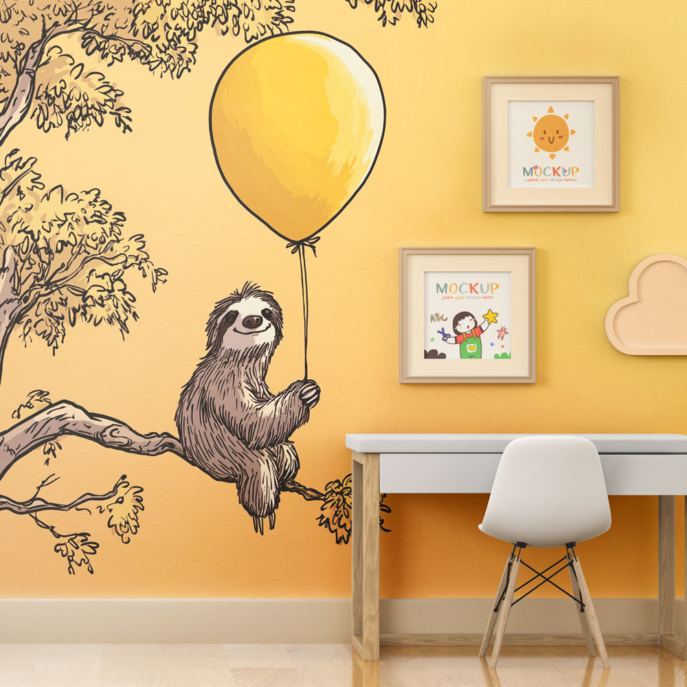 Gentle sloth wallpaper design in modern baby bedroom with natural wood furniture