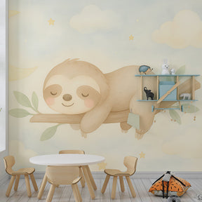 Star-filled sloth wallpaper creating peaceful kids bedroom atmosphere with soft lighting