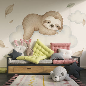 Dreamy sloth cloud wallpaper creating calming atmosphere in children's bedroom