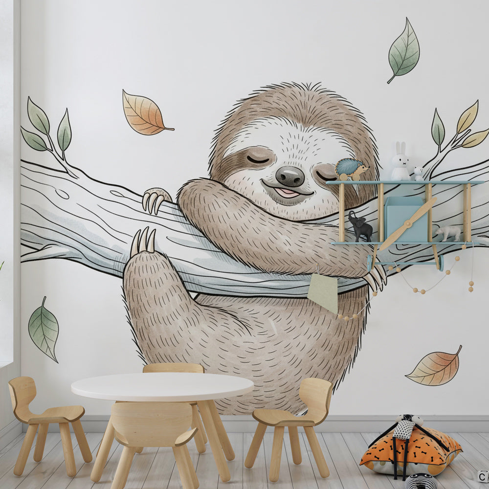 Sleeping sloth wallpaper creating tranquil atmosphere in children's bedroom with wooden furniture