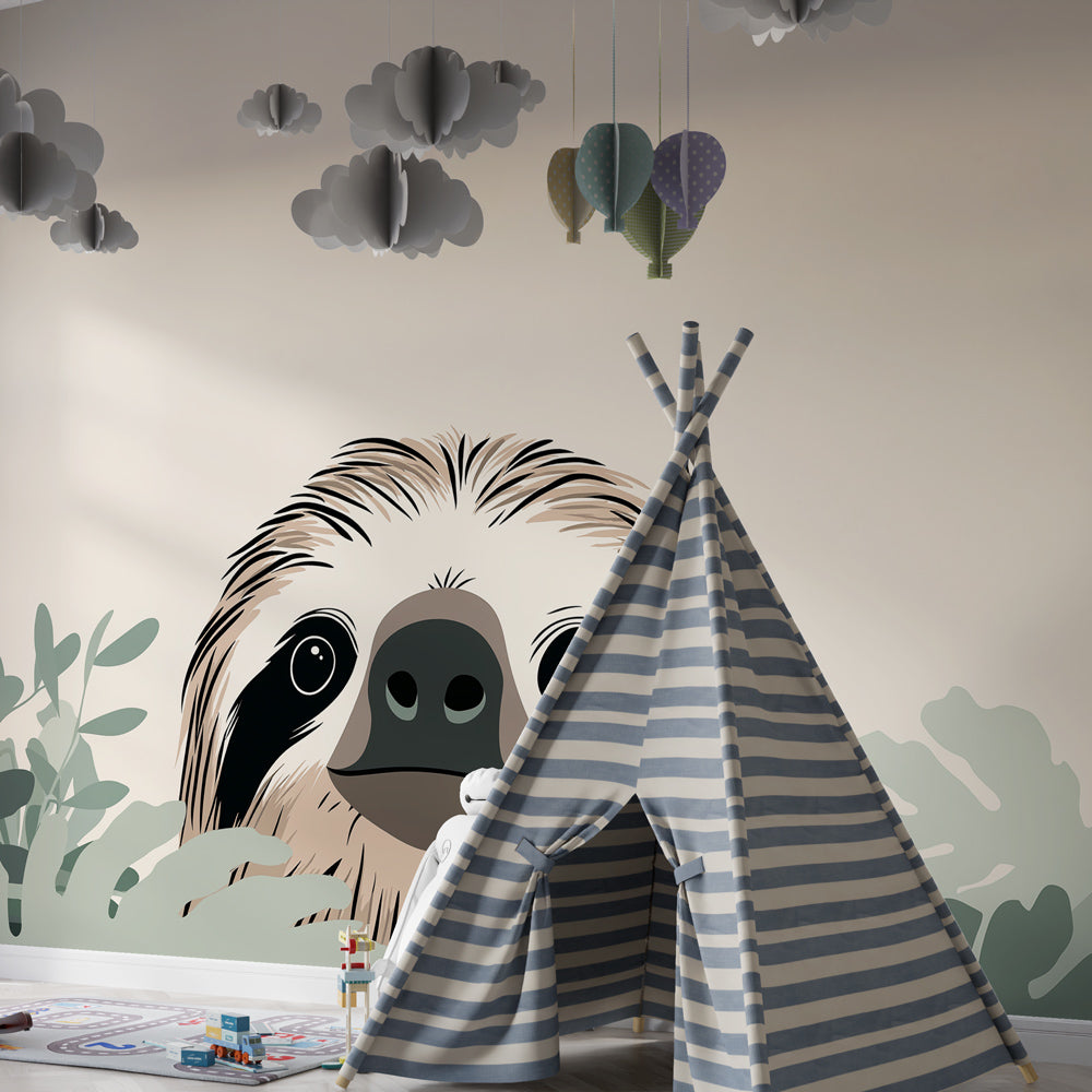 Sloth animal wallpaper creating tranquil atmosphere in children's bedroom with soft lighting