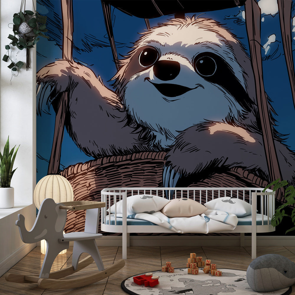 Hot air balloon adventure wallpaper creating magical kids bedroom atmosphere with blue sky theme