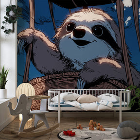 Hot air balloon adventure wallpaper creating magical kids bedroom atmosphere with blue sky theme