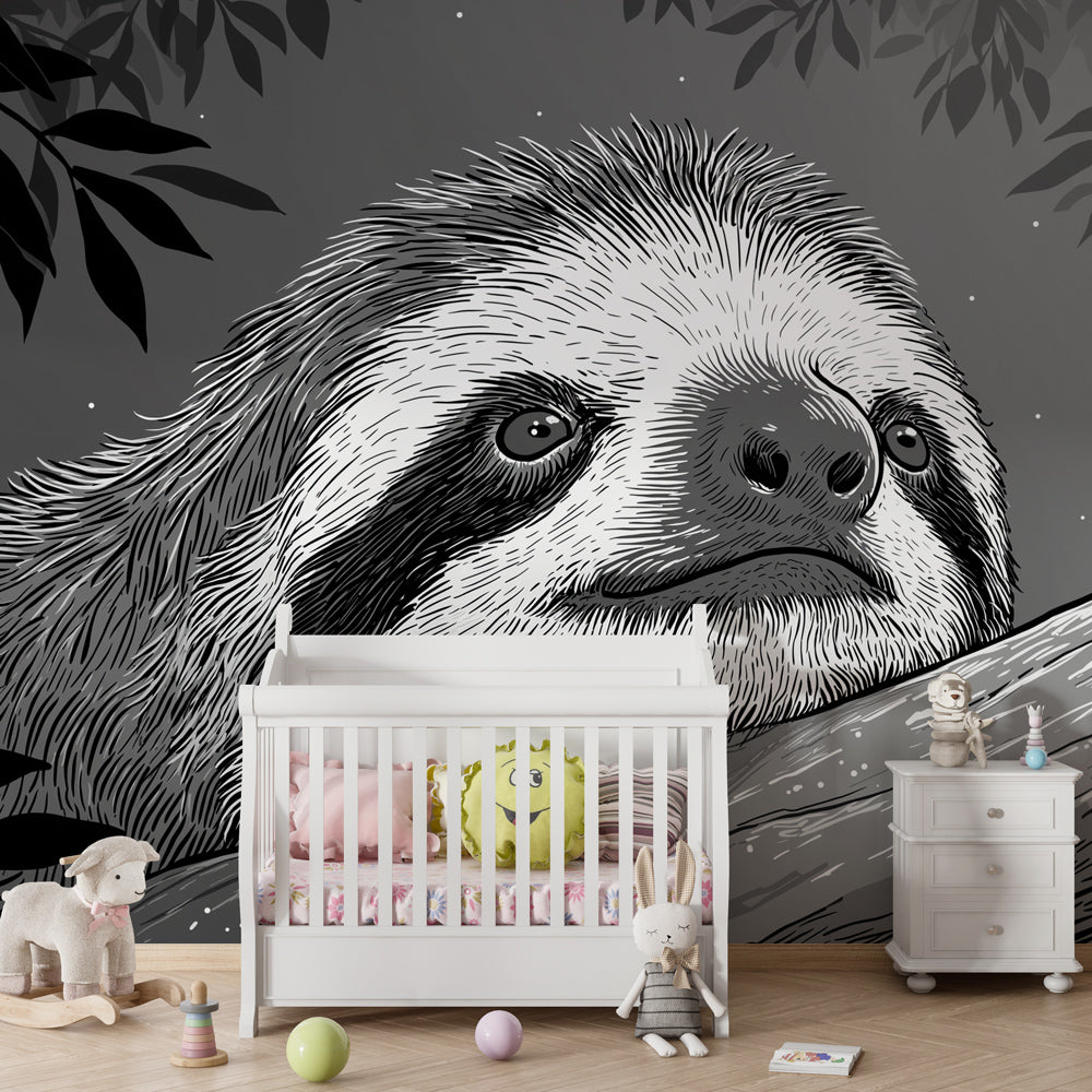 Sloth animal mural wallpaper creating calm reading corner for kids by Kids-Mundo