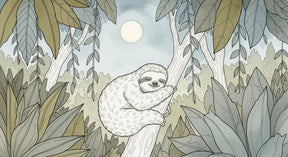 Detailed sleeping sloth jungle mural wallpaper design pattern with lush foliage by Kids-Mundo