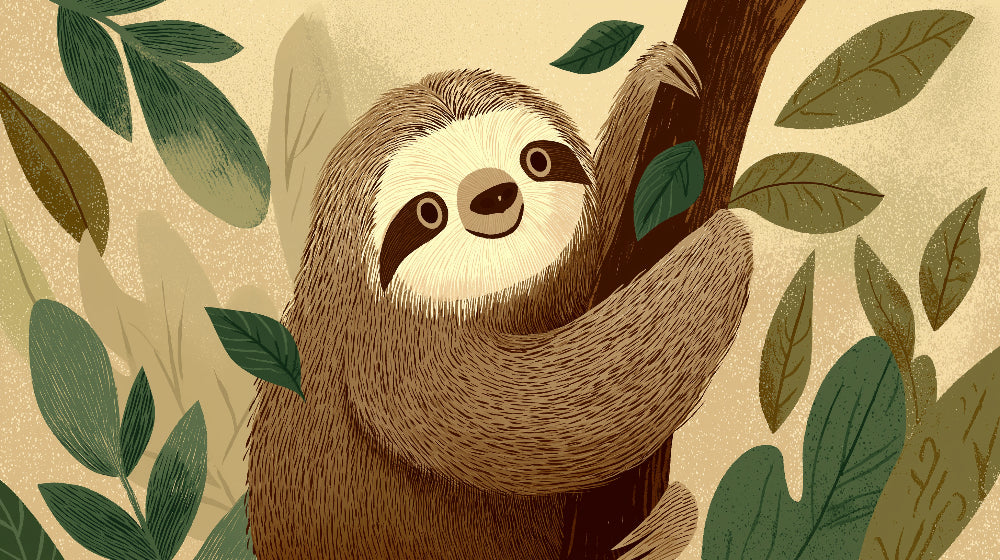 Detailed sloth jungle mural wallpaper design pattern showing tropical foliage by Kids-Mundo