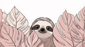 Detailed sloth and tropical pink leaves mural wallpaper design pattern by Kids-Mundo