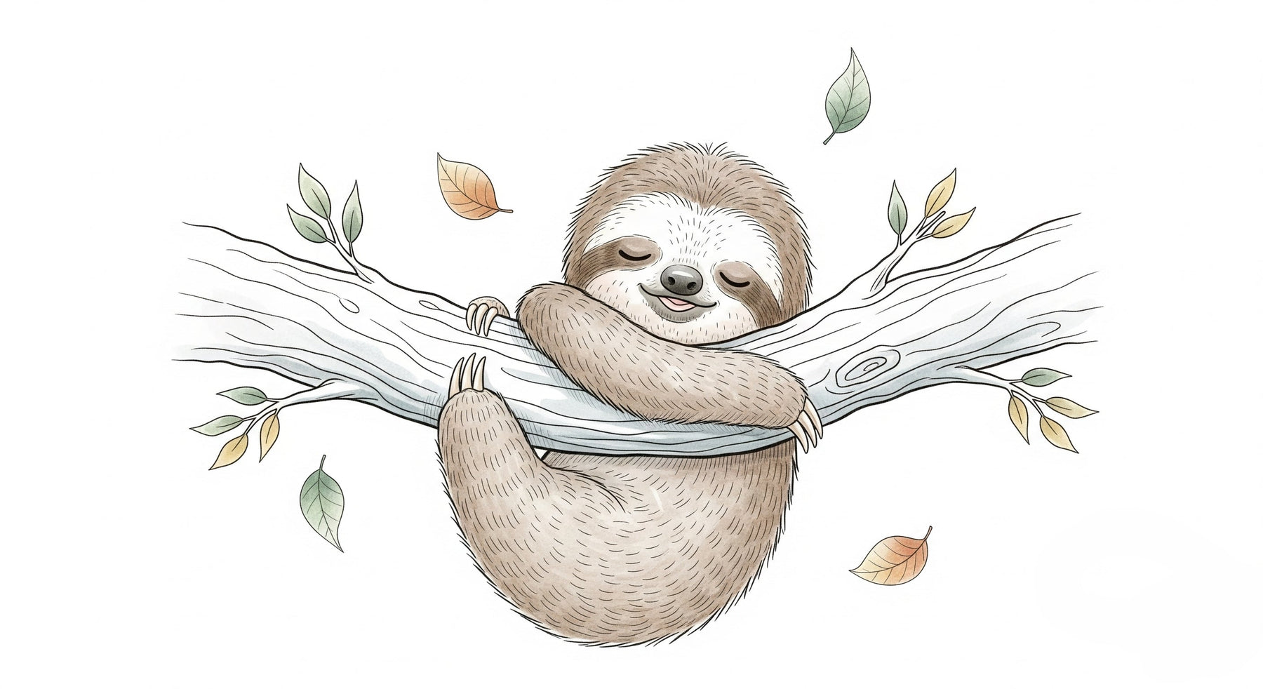 Detailed sleepy sloth mural wallpaper design pattern with delicate leaves by Kids-Mundo