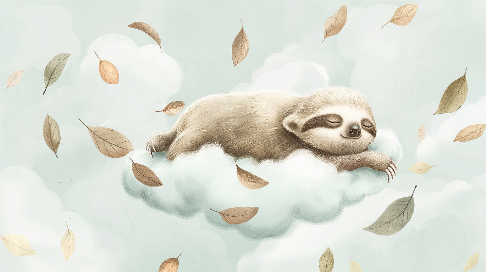 Detailed sloth on cloud mural wallpaper design pattern with floating leaves by Kids-Mundo