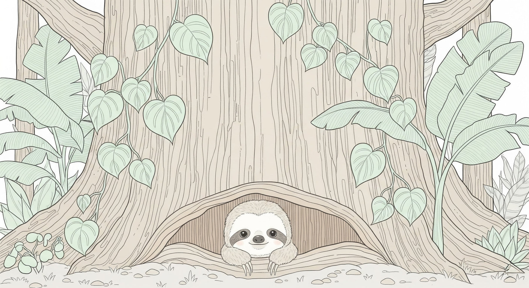 Detailed sloth in tree mural wallpaper design pattern with tropical foliage by Kids-Mundo