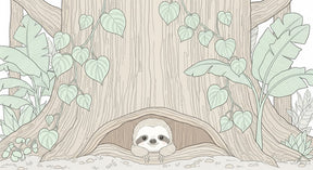 Detailed sloth in tree mural wallpaper design pattern with tropical foliage by Kids-Mundo