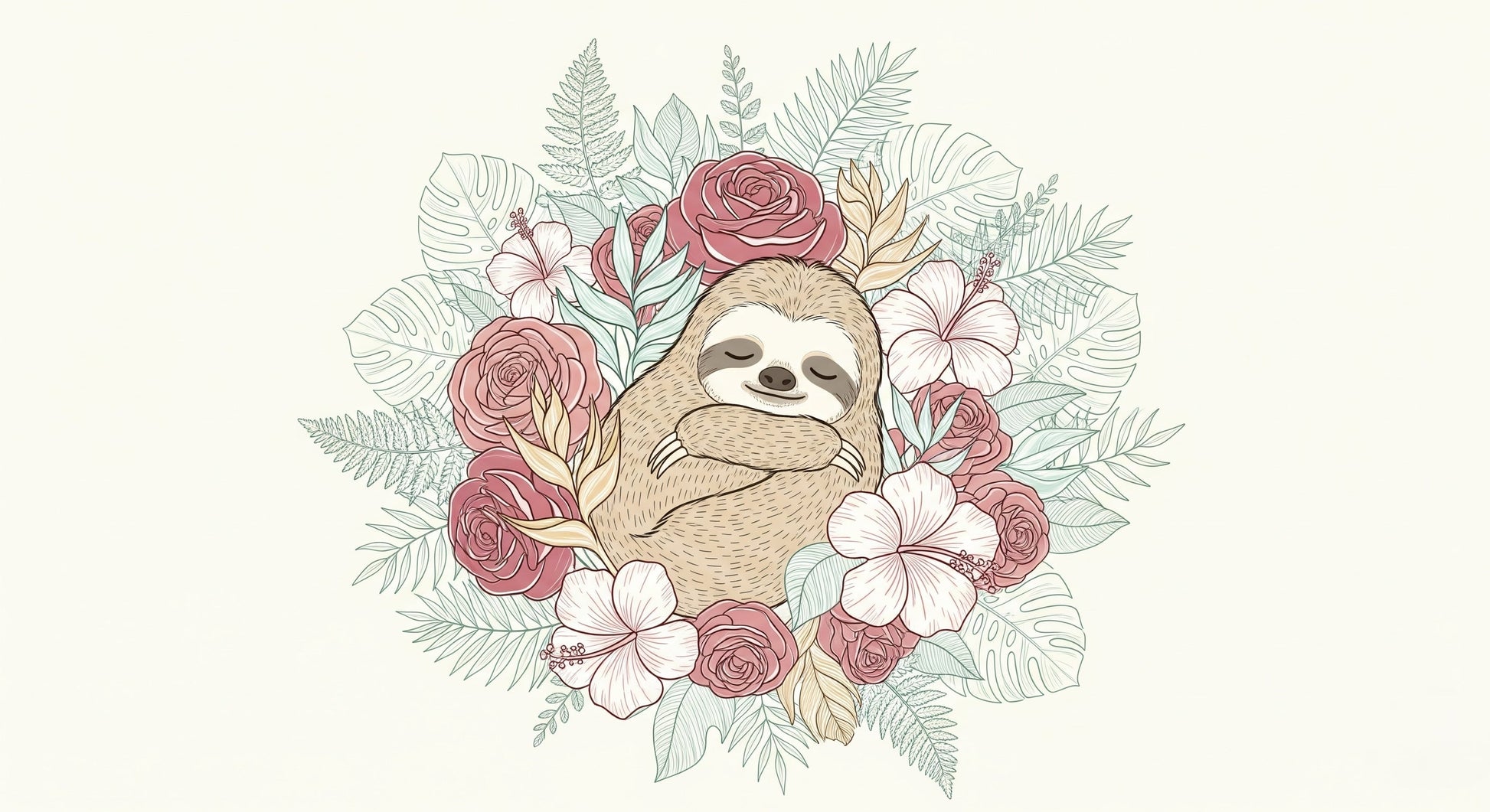 Detailed sloth and tropical flowers mural wallpaper design pattern by Kids-Mundo