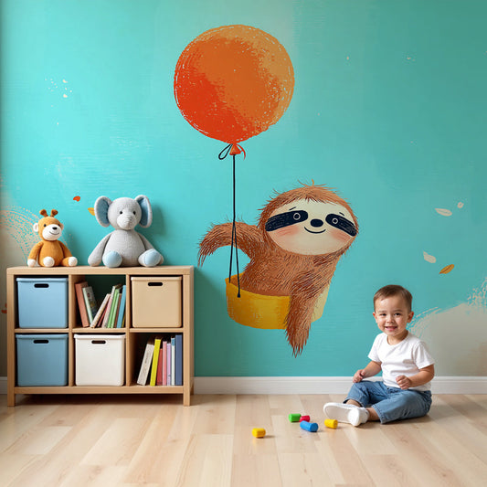 Floating sloth with balloon mural wallpaper in modern nursery room by Kids-Mundo