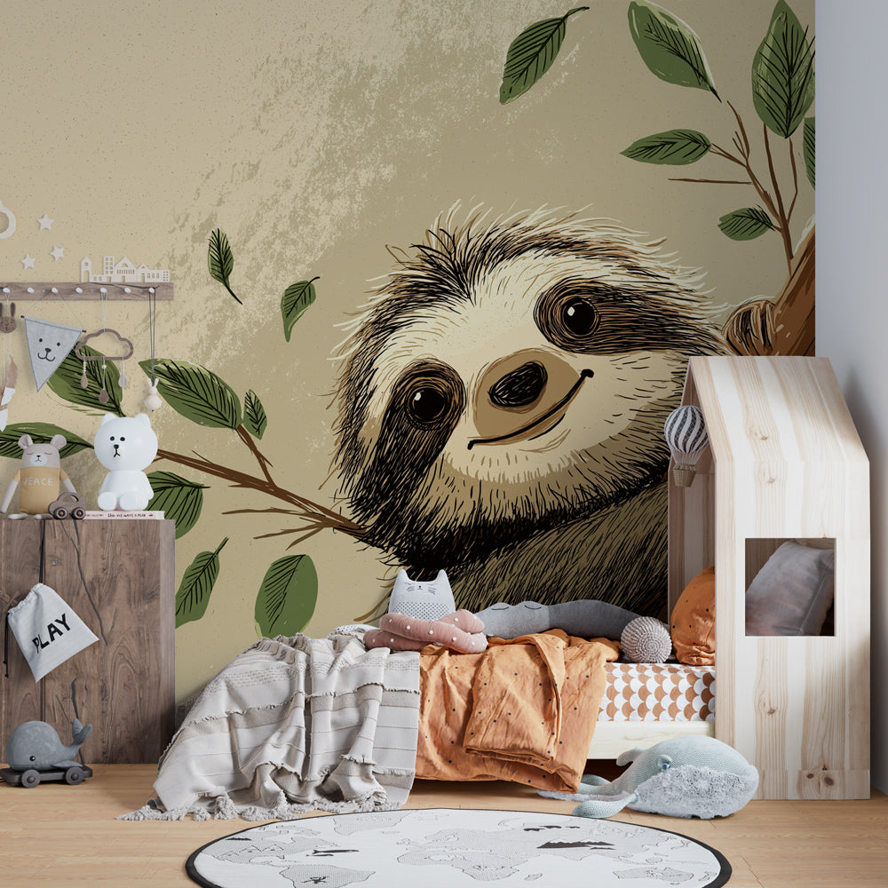 Nature-themed sloth wallpaper with green foliage for calming kids room decor