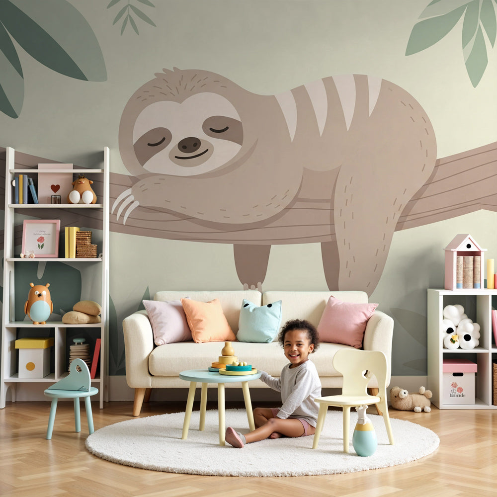 Sloth mural wallpaper creating peaceful jungle nursery decor with soft pastel colors by Kids-Mundo