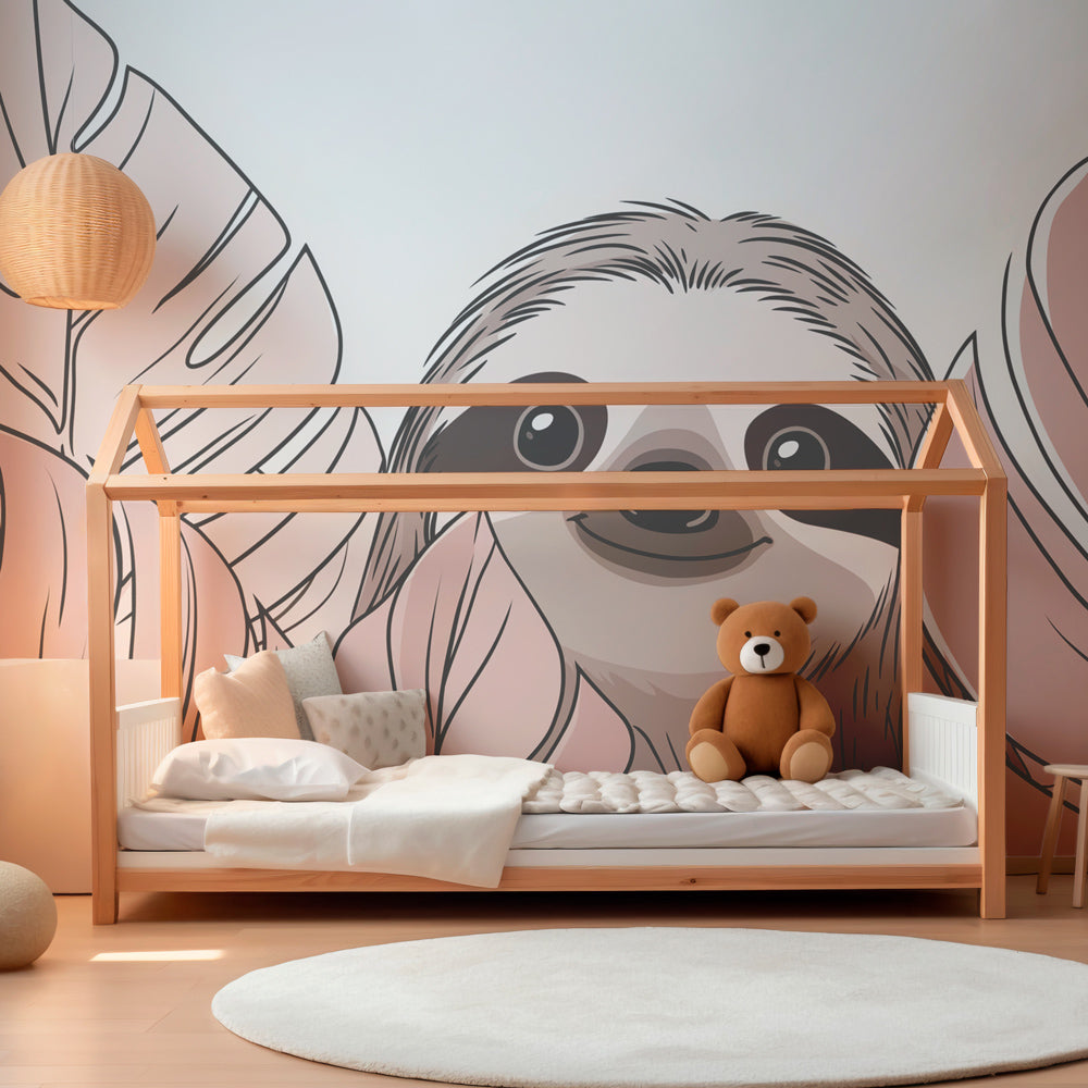 Tropical sloth wallpaper creating peaceful jungle atmosphere in children's bedroom