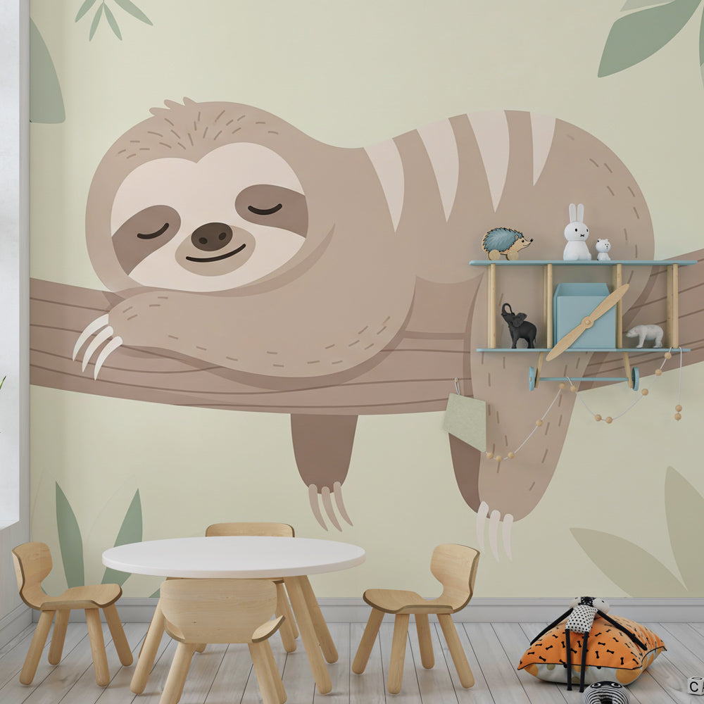 Gentle sloth jungle wallpaper transforming children's bedroom into tranquil nature retreat