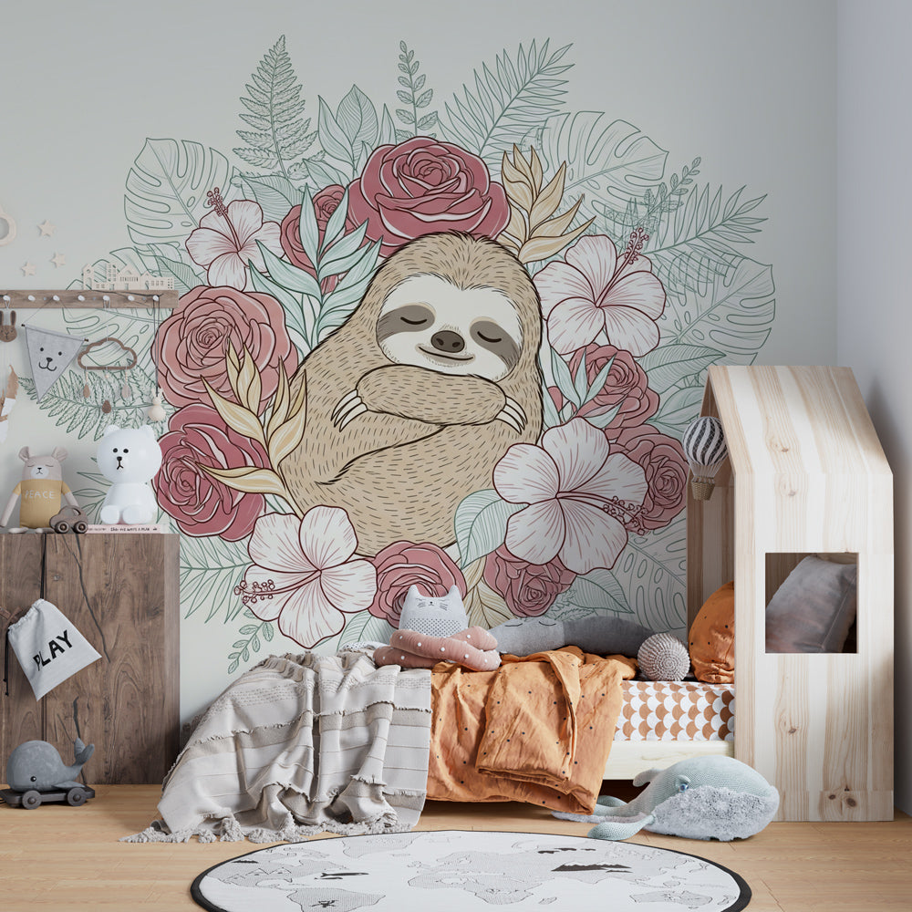 Peaceful sloth floral wallpaper creating calming atmosphere in children's bedroom
