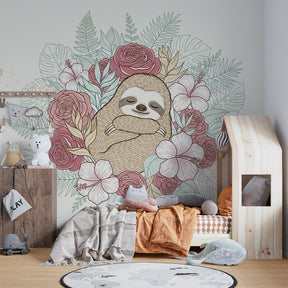 Peaceful sloth floral wallpaper creating calming atmosphere in children's bedroom