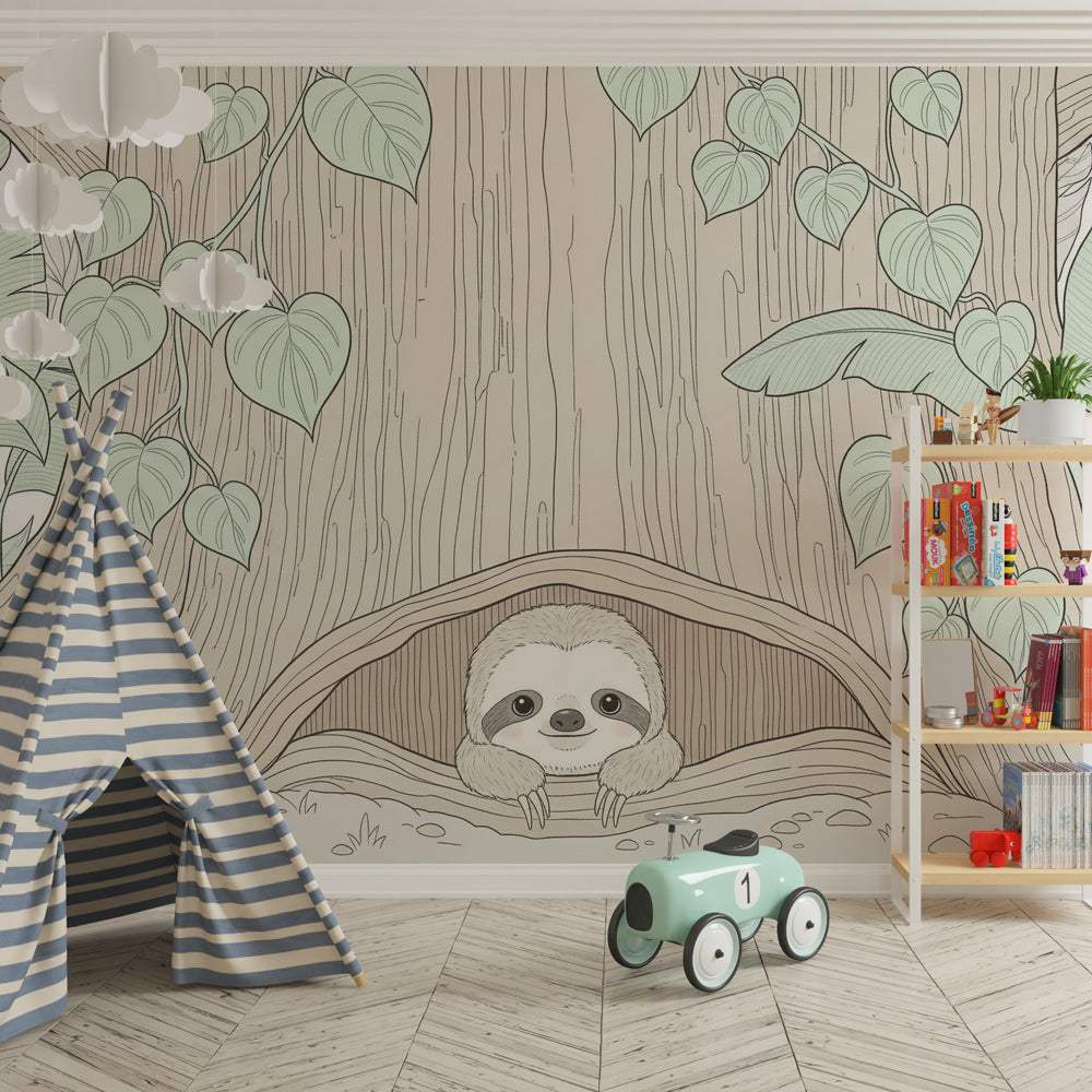 Nature-themed sloth mural wallpaper transforming children's bedroom into tropical forest sanctuary