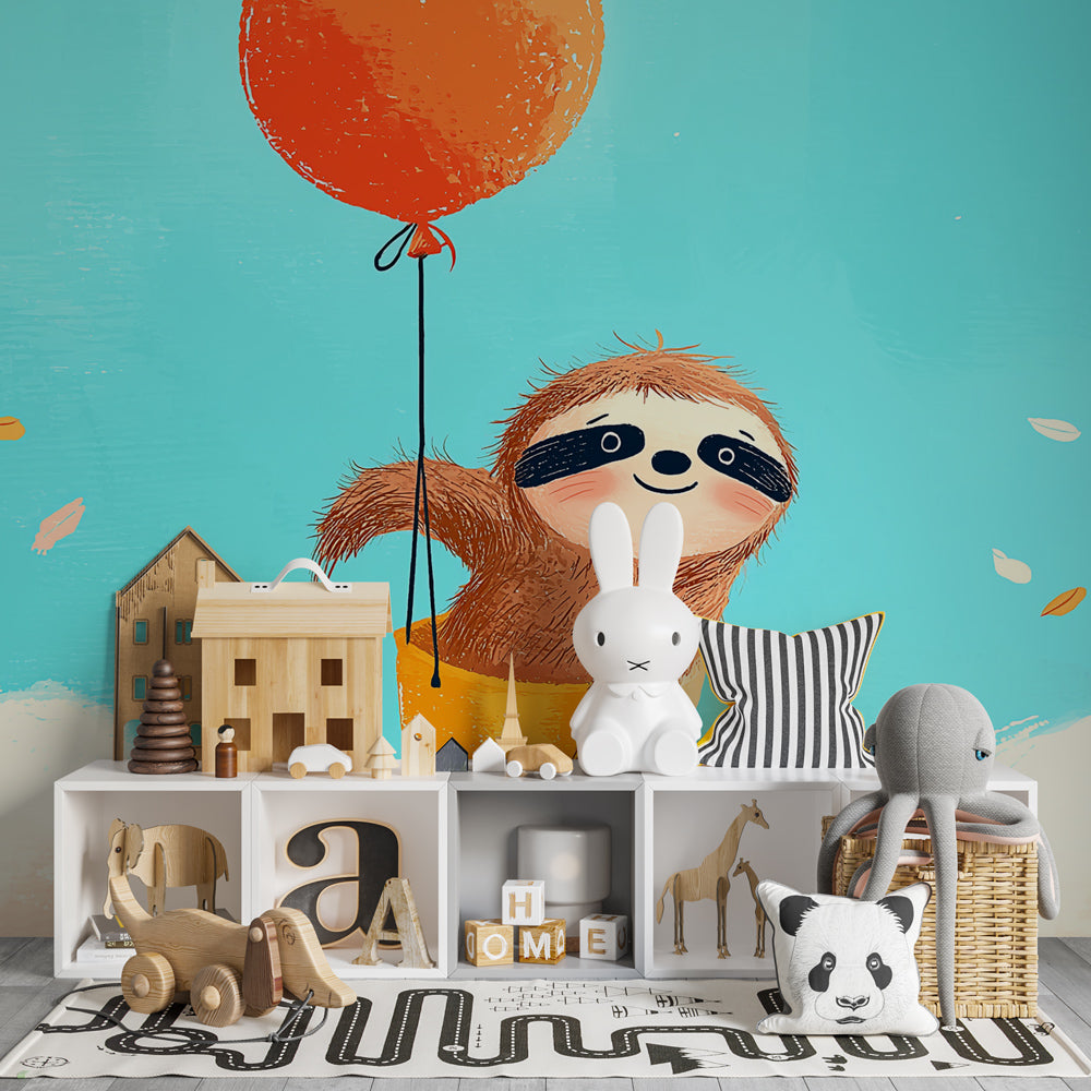 Whimsical sloth balloon wallpaper creating dreamy children's bedroom atmosphere