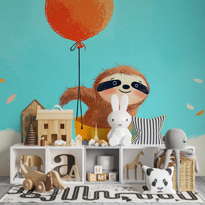 Whimsical sloth balloon wallpaper creating dreamy children's bedroom atmosphere