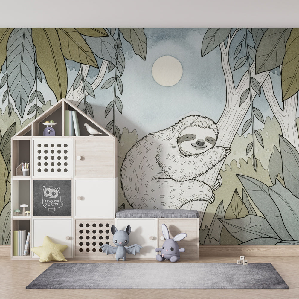 Tropical sloth mural wallpaper with green foliage for calming kids room decor by Kids-Mundo