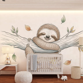 Nature-themed sloth mural wallpaper transforming toddler room into peaceful forest sanctuary