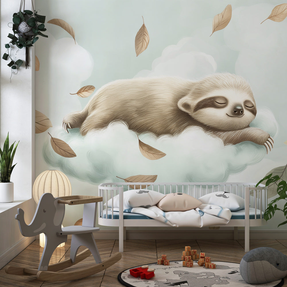 Pastel sloth cloud wallpaper transforming toddler room into peaceful sleep sanctuary