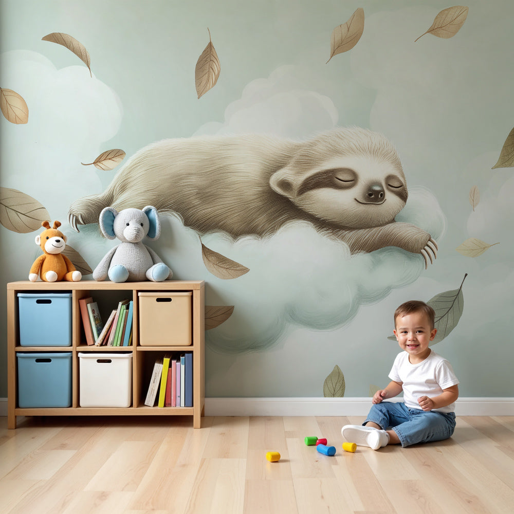 Dreamy sloth cloud mural wallpaper in modern nursery bedroom by Kids-Mundo