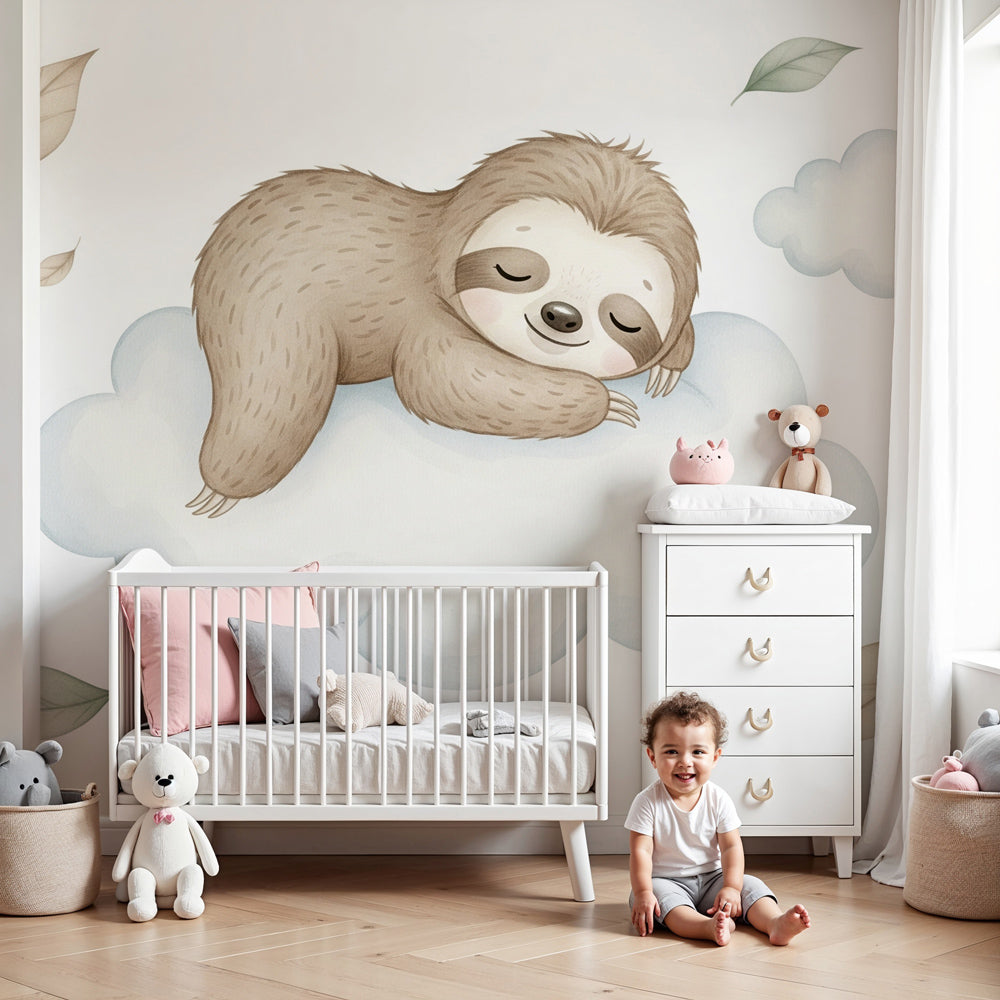 Sleeping sloth on cloud mural wallpaper in peaceful nursery setting by Kids-Mundo
