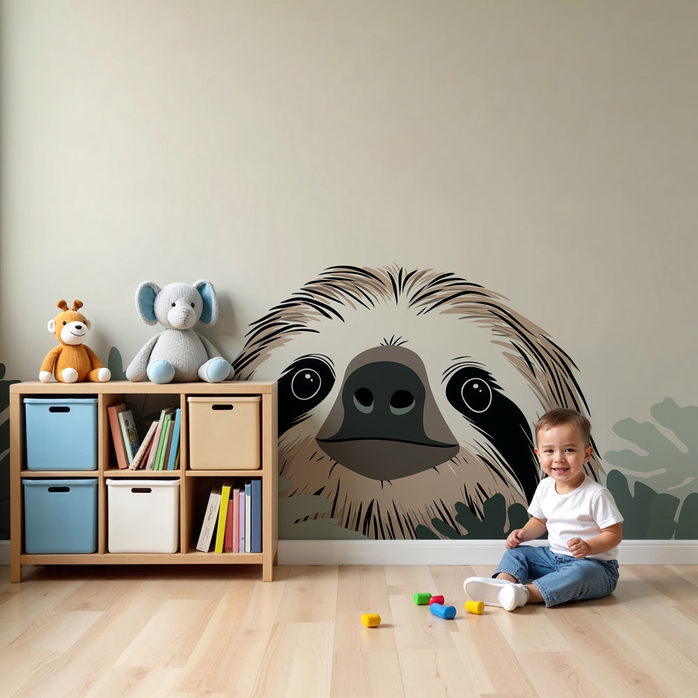 Playful sloth mural wallpaper decorating modern nursery with natural wood furniture by Kids-Mundo