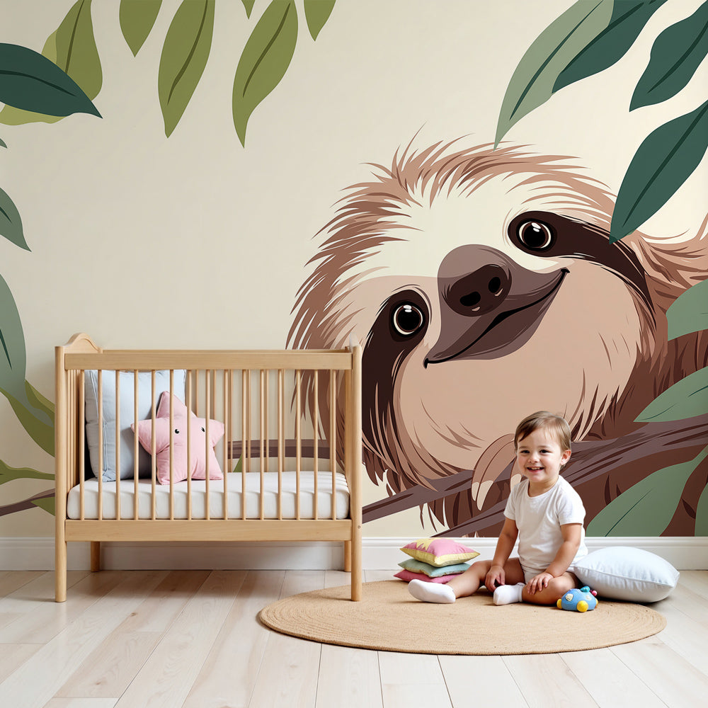 Sloth mural wallpaper creating peaceful nursery atmosphere with natural jungle theme by Kids-Mundo