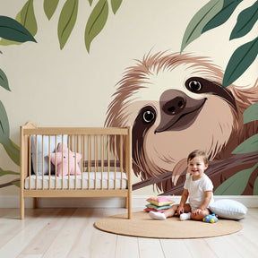Sloth mural wallpaper creating peaceful nursery atmosphere with natural jungle theme by Kids-Mundo