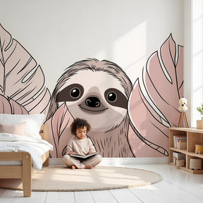Sloth mural wallpaper with pink tropical leaves in modern nursery by Kids-Mundo
