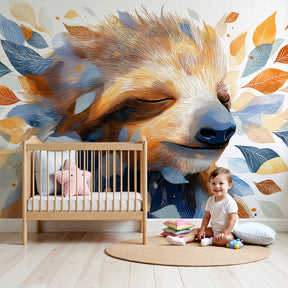 Peaceful sloth mural wallpaper creating calm nursery atmosphere with colorful leaves by Kids-Mundo