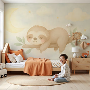Sleeping sloth mural wallpaper in cozy nursery with natural wood furniture by Kids-Mundo