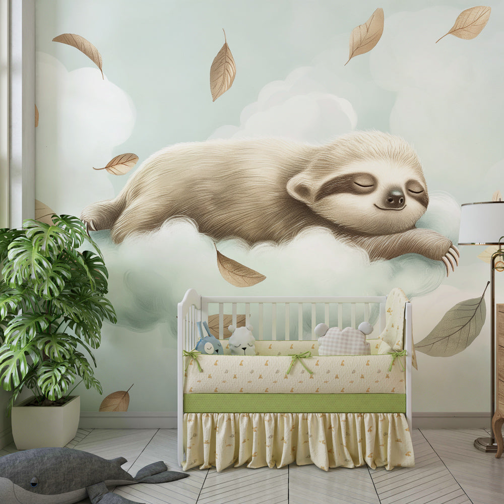 Sloth mural wallpaper creating calming atmosphere in children's bedroom with natural decor