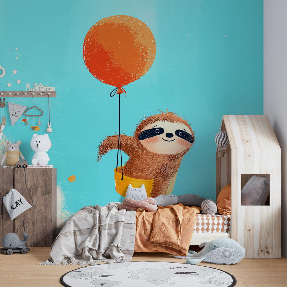 Sky blue sloth adventure mural wallpaper transforming kids playroom space