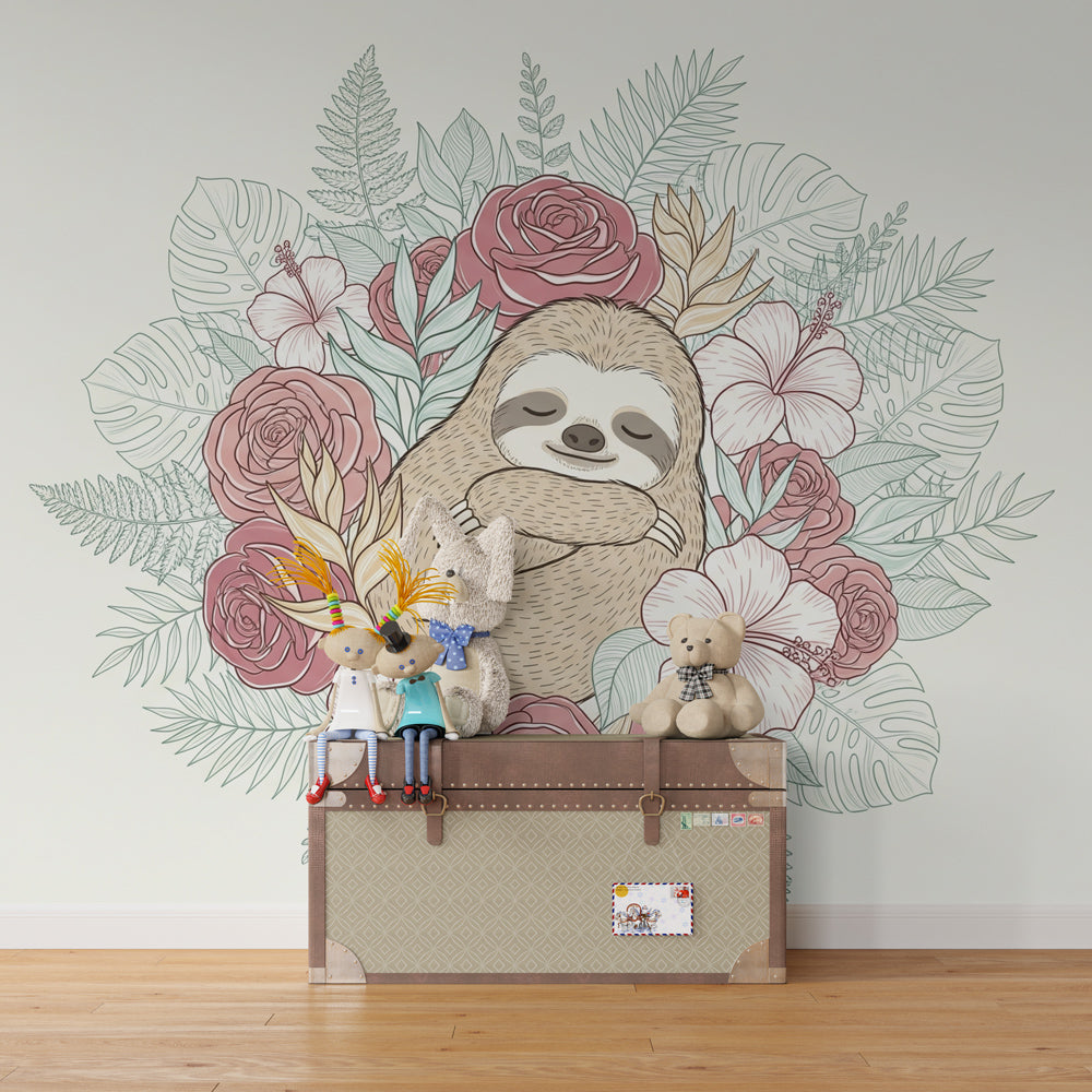 Tropical sloth mural wallpaper with hibiscus flowers for kids playroom decoration