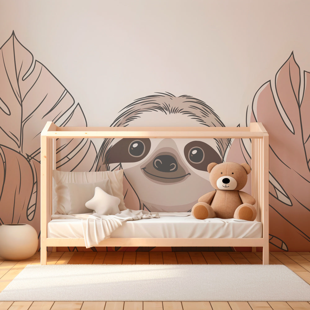 Pink tropical leaves sloth wallpaper transforming kids playroom into serene retreat