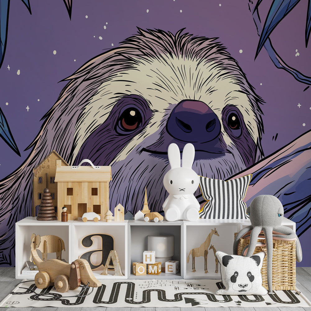 Starry jungle sloth mural wallpaper for kids room with soothing blue and purple tones