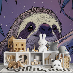 Starry jungle sloth mural wallpaper for kids room with soothing blue and purple tones