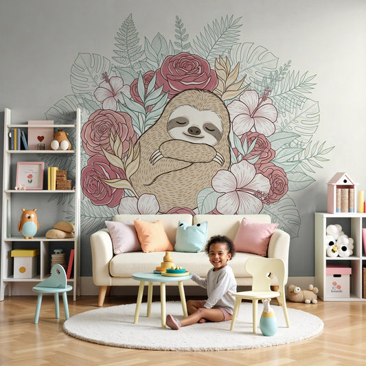 Sloth tropical flowers mural wallpaper in modern nursery room by Kids-Mundo