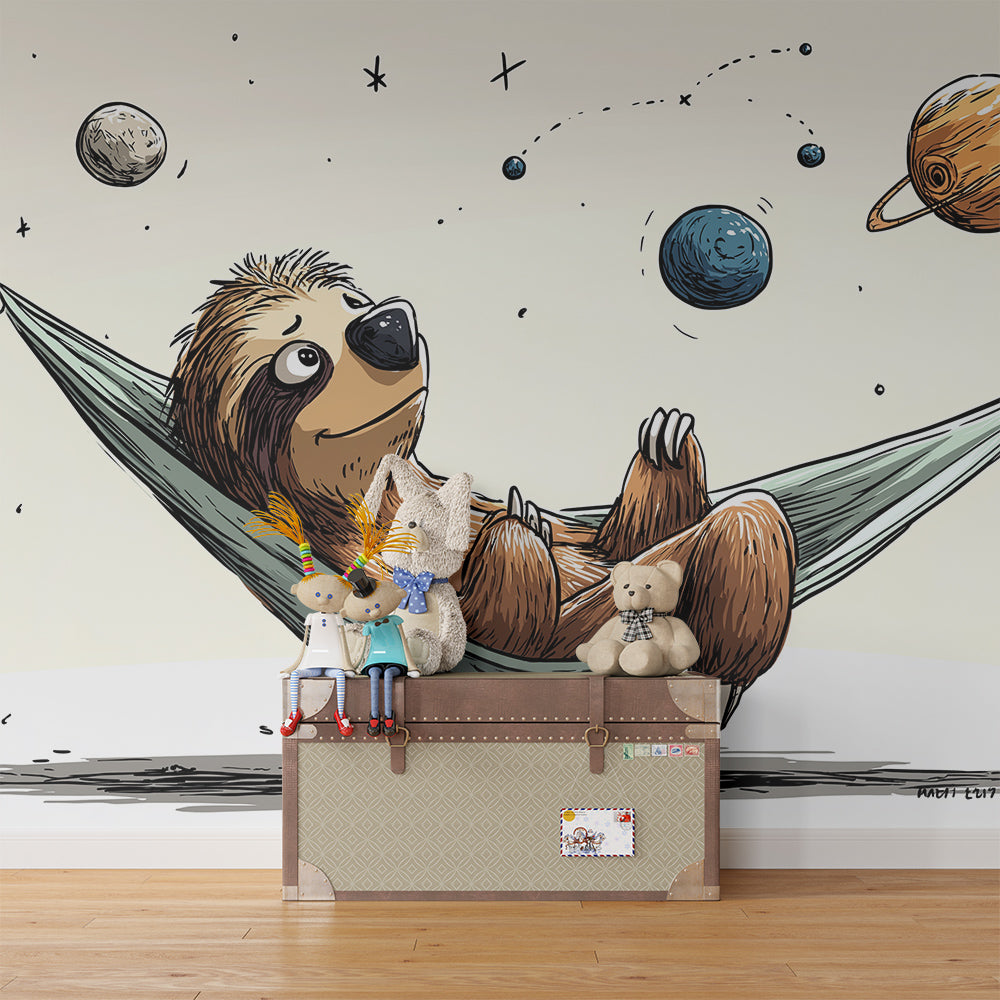 Kids-Mundo sloth in a space hammock wall mural covering a feature wall in a kids' bedroom